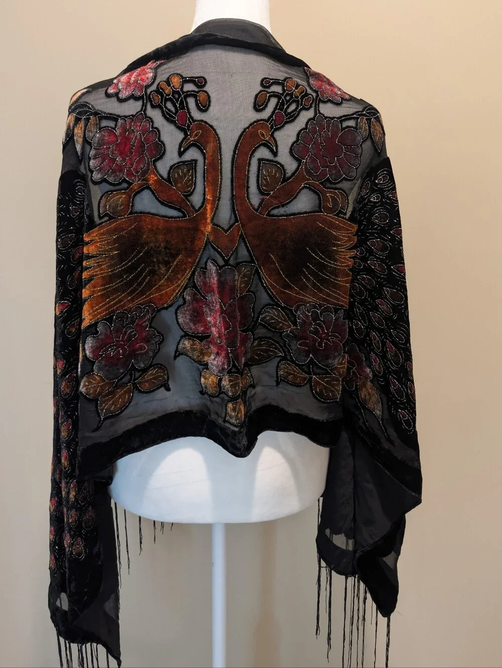 Black Shawl with Rich Copper and Crimson Velvet Peacock Applique and Fringe
